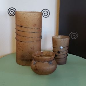 Set of 3 Burnt Orange rustic candle holders With Stars